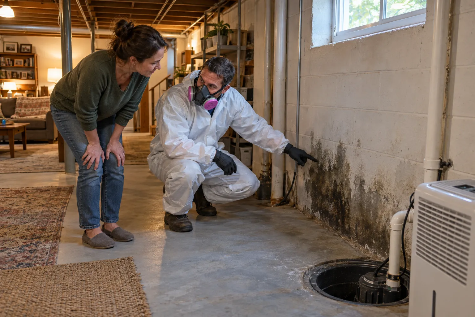Homeowner and a local provider reviewing a damp basement wall near a sump pump in the Romeo area