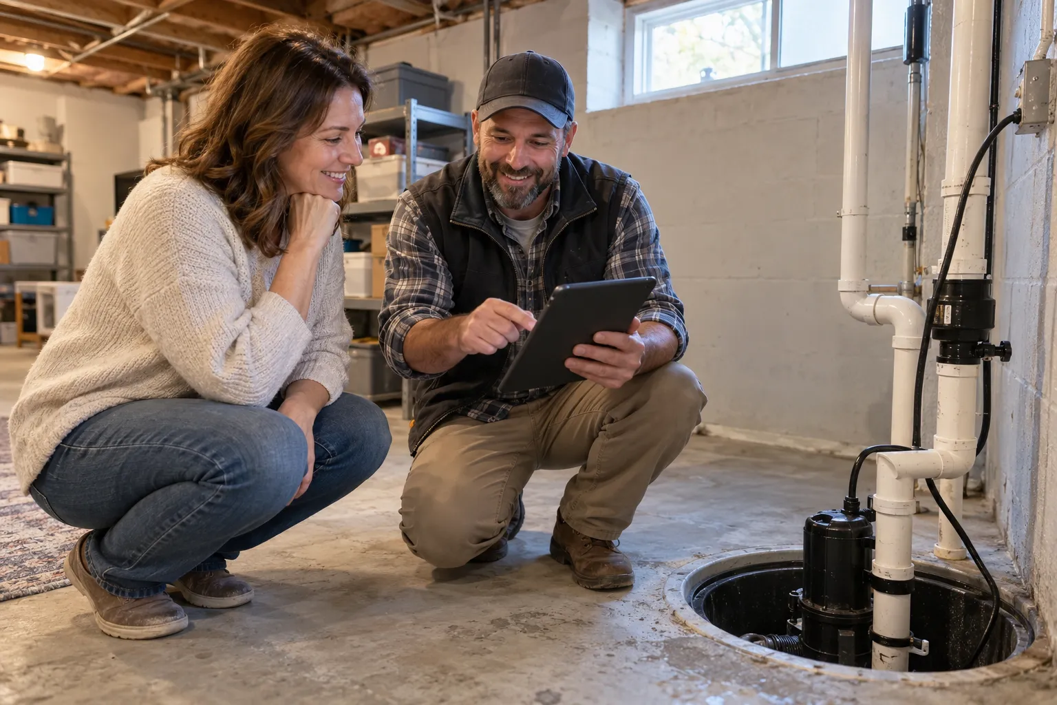 A homeowner in Romeo reviewing a mold inspection with a local provider in a basement
