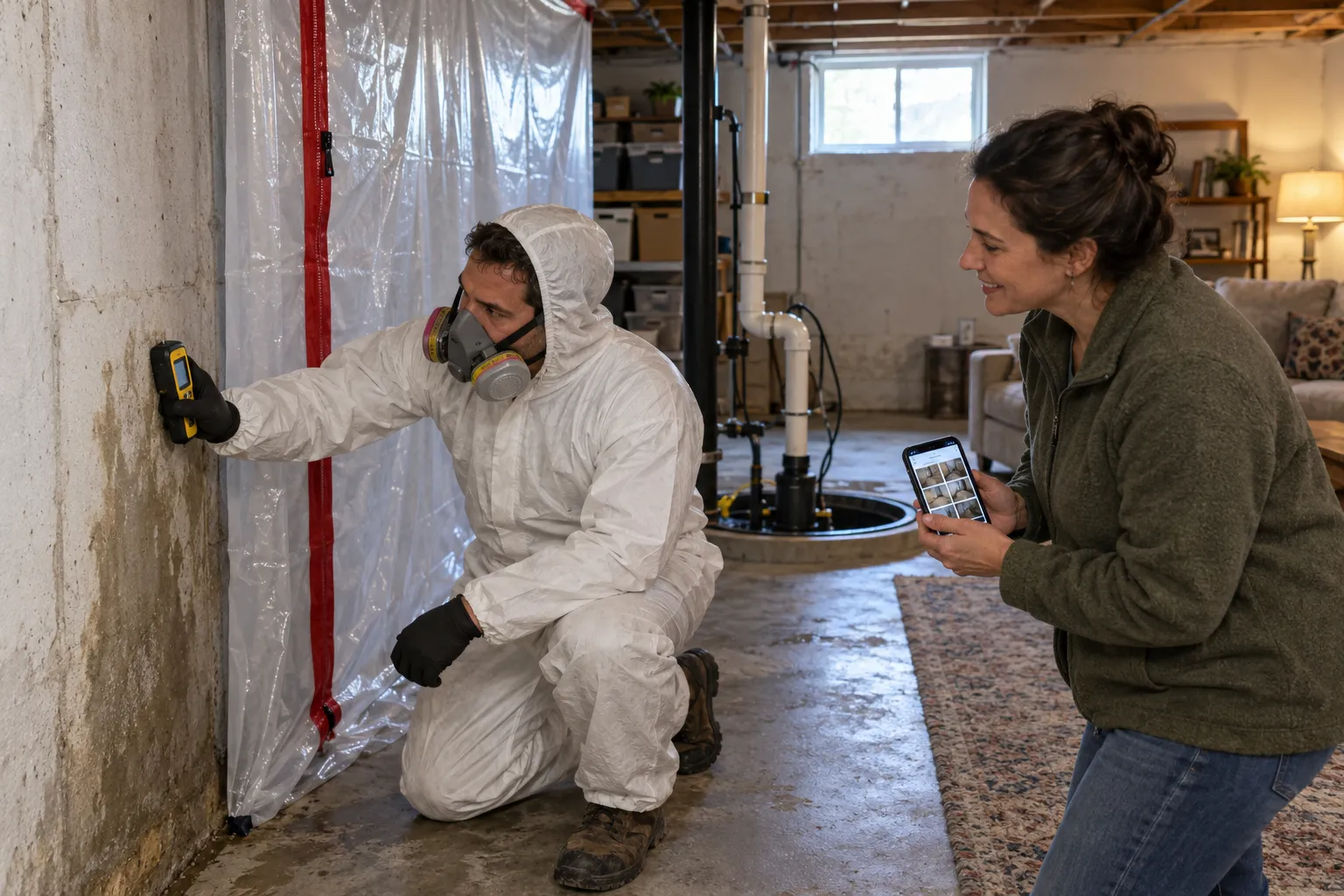 Provider in protective gear inspecting a basement wall for mold in a Romeo home